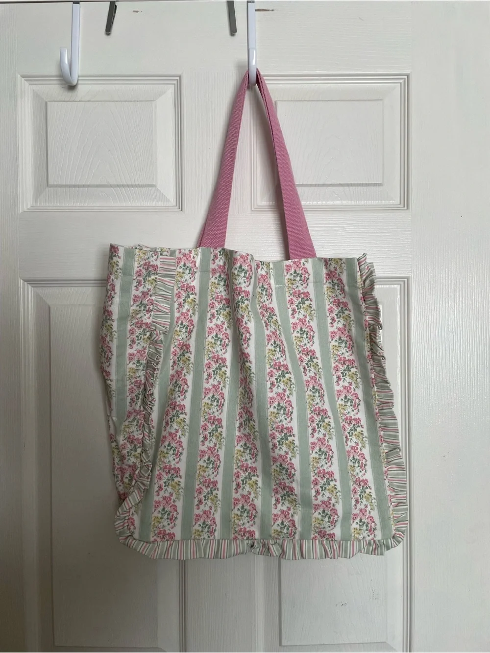 NWT Laura Ashley Mayhill Green Pink Floral w Sage Stripes Canvas Ruffle Tote Bag